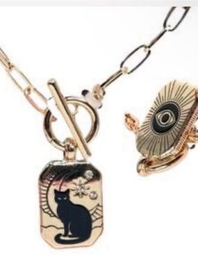 Gold-Tone Cat Pendant Necklace with Black Cat Accent